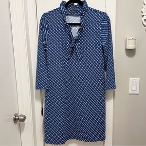 J. McLaughlin Blue & White Weave Print Stretch Dress M ruffle neckline 3/4 slv
